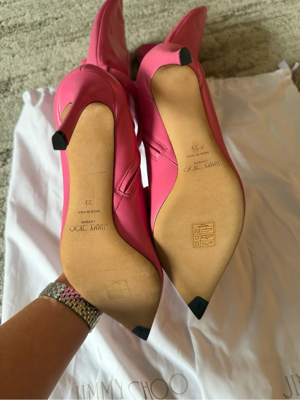Jimmy Choo Pink High Knee Pointed Toe Stiletto Boots NWOT
